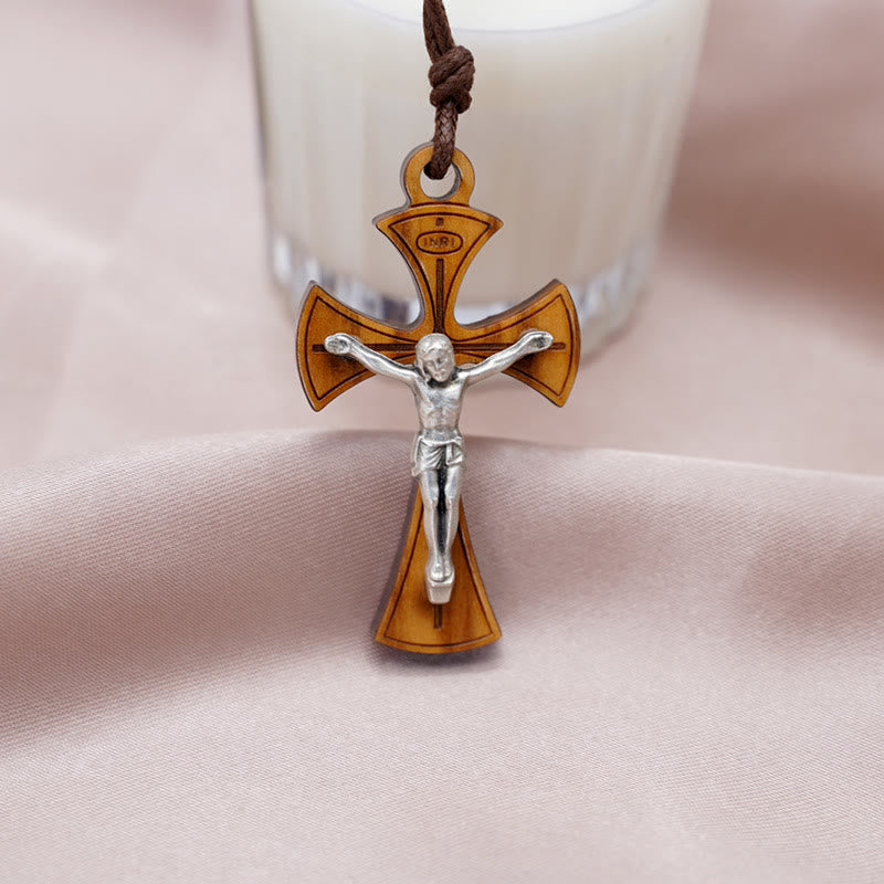 Classic Style Curved Olive Wood Crucifix Cross Pendant Necklace