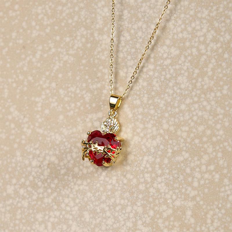 Modern Style Crafted Red Gemstones Sacred Heart of Jesus Pendant