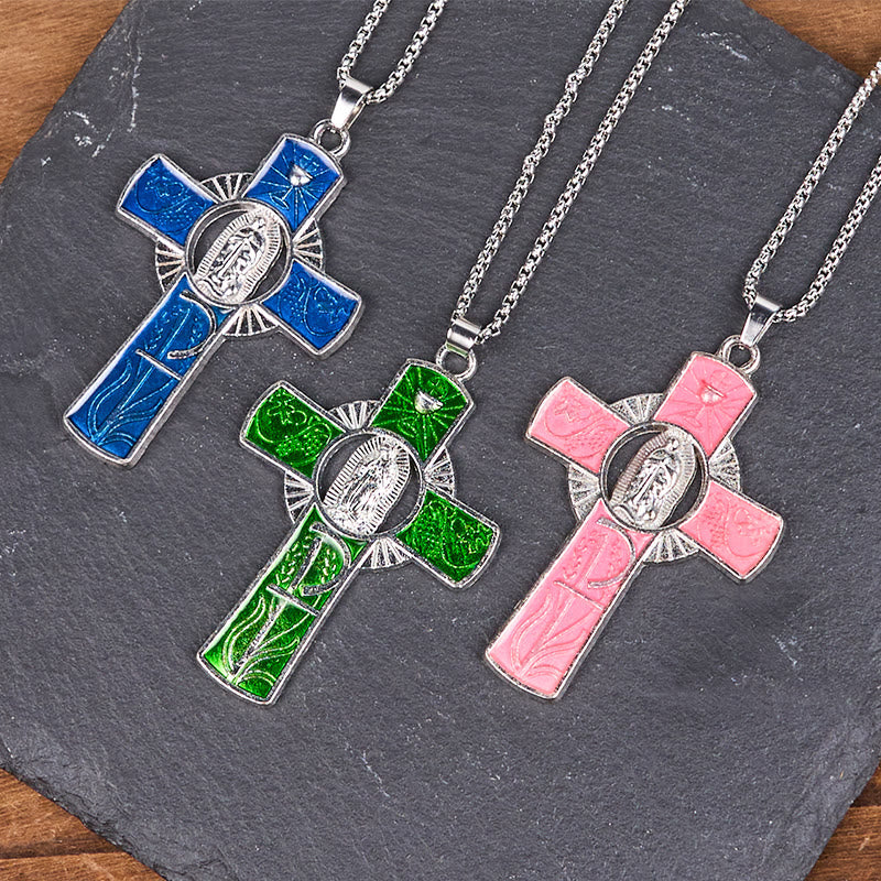 6 Color Virgin Mary Our Lady of Guadalupe Faith Cross Pendant Necklace