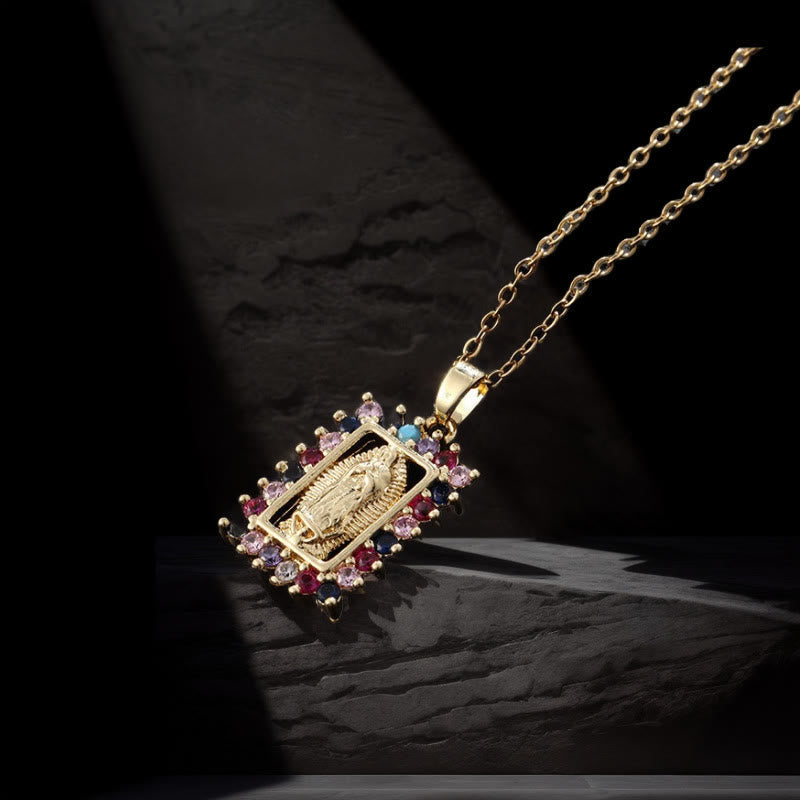 Virgin Mary Necklace with Colorful Micro-Pavé Zirconia Pendant