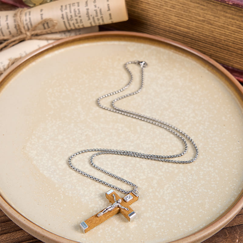 Retro Style Jesus Icon Crucifix Wood & Alloy Pendant Necklace