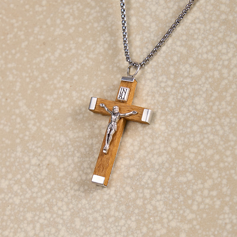 Retro Style Jesus Icon Crucifix Wood & Alloy Pendant Necklace