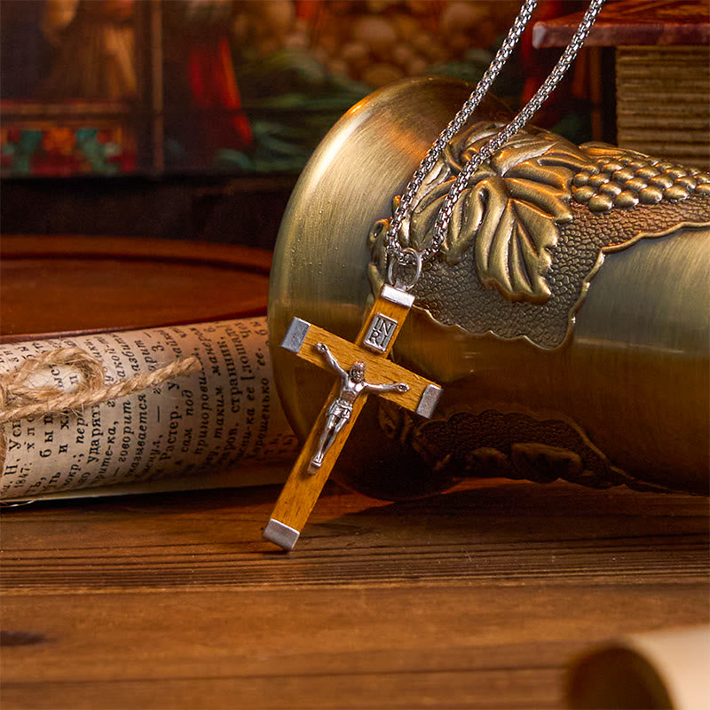 Retro Style Jesus Icon Crucifix Wood & Alloy Pendant Necklace
