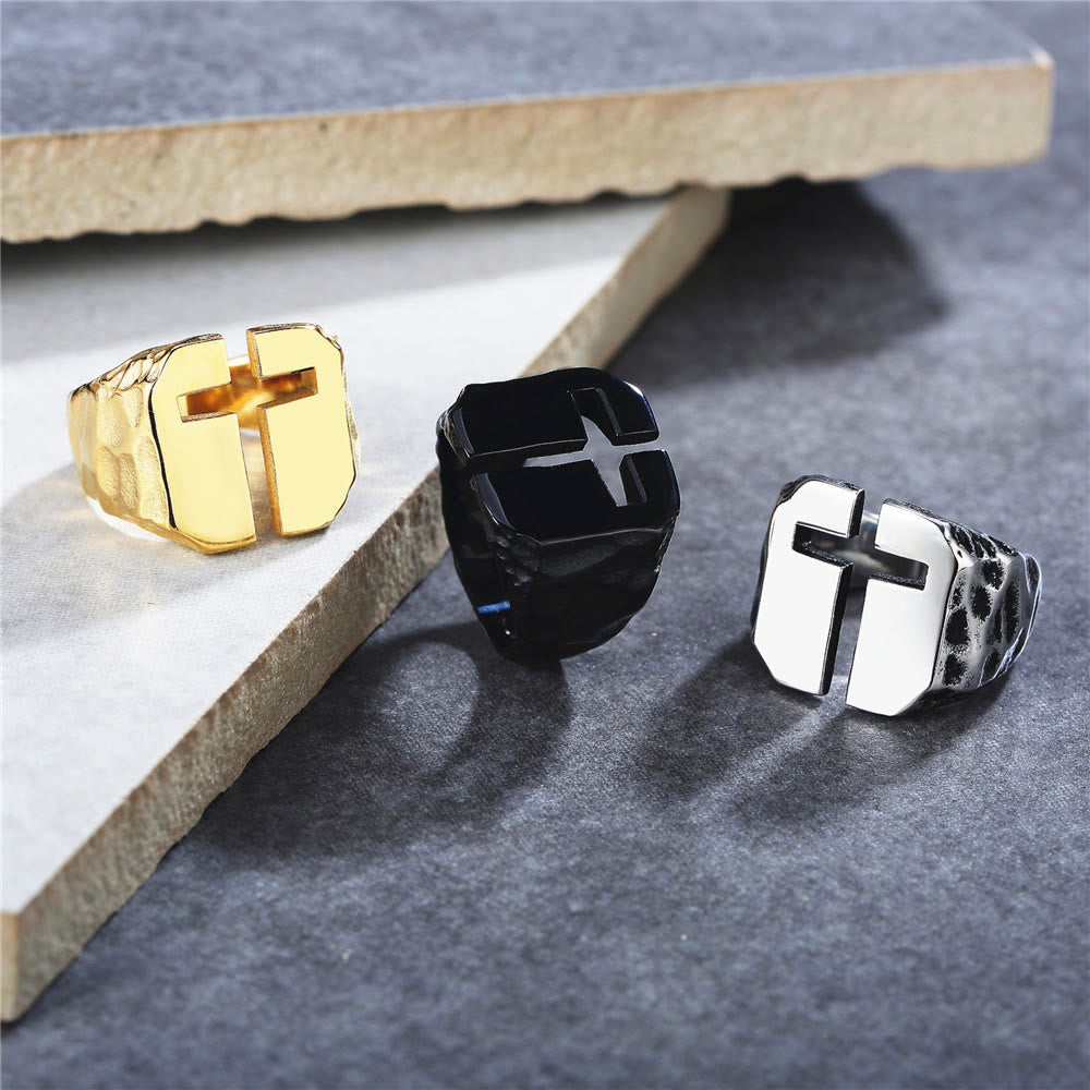 3 Colors Minimalist Style Cross Engraved Stainless Steel Faith Ring