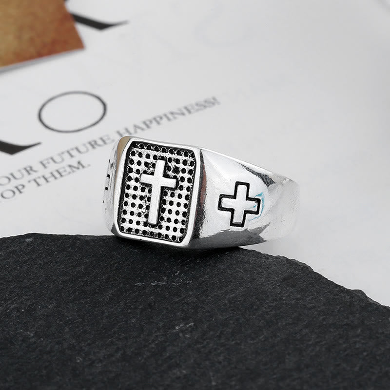 925 Sterling Silver Minimalist Cross Engraved Adjustable Faith Ring
