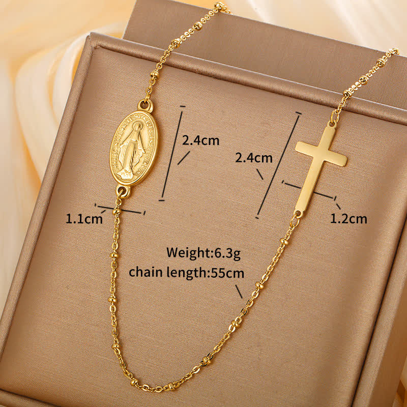 Elegant Gold-Tone Miraculous Medal&Simple Cross Pendant Necklace