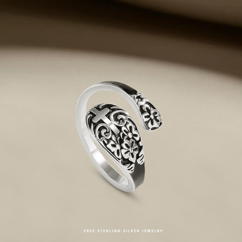 Adjustable 925 Sterling Silver Engraved Cross Ring-Elegance