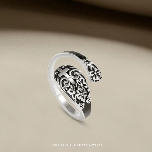 Adjustable 925 Sterling Silver Engraved Cross Ring-Elegance