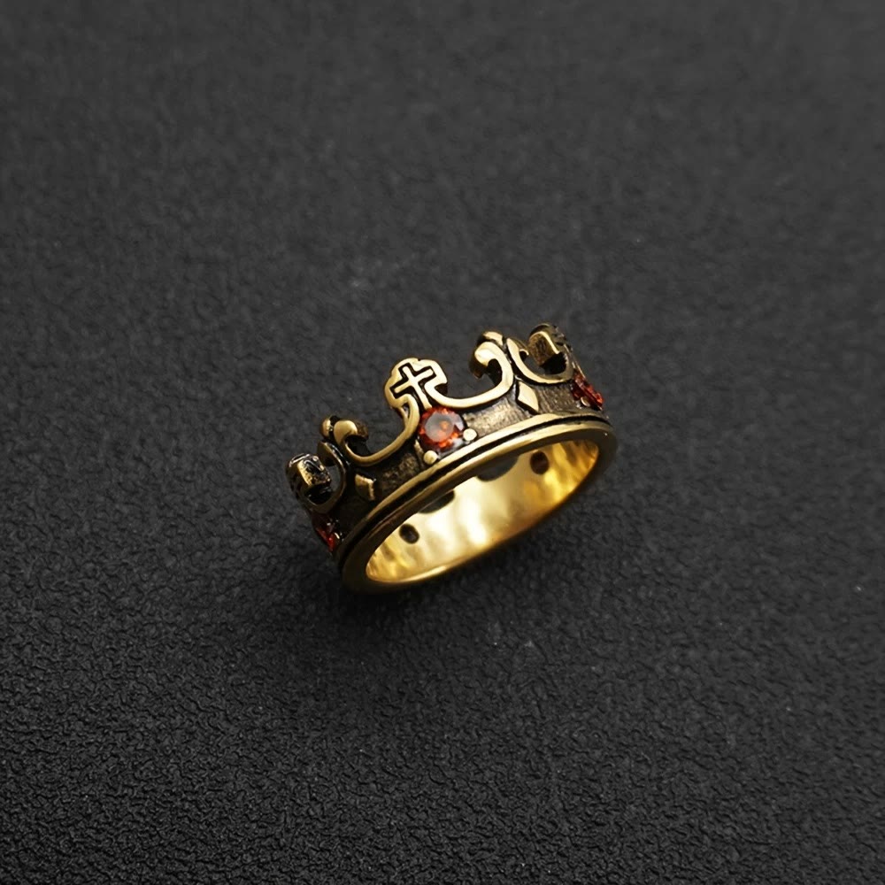 4colors The Crown of Faith Cross Ring-Red Gemstones Set Divine Design