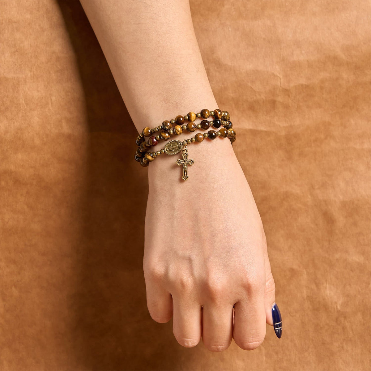 Handmade Tiger's Eye Stone Elastic Rosary Bracelet