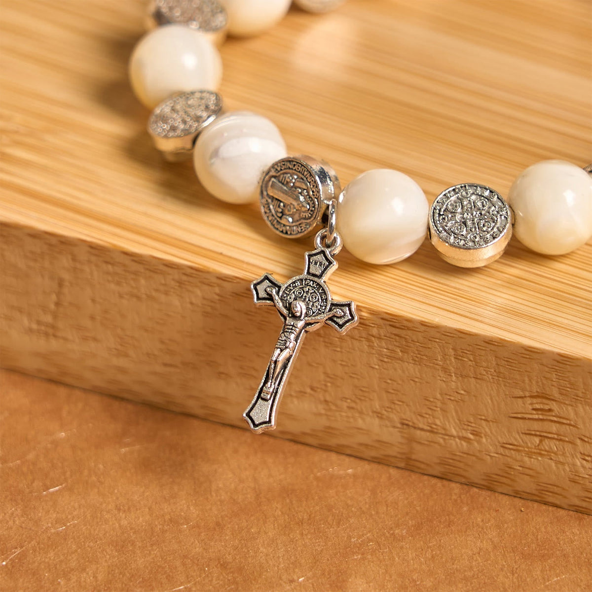 White Beads Crucifix Bracelet