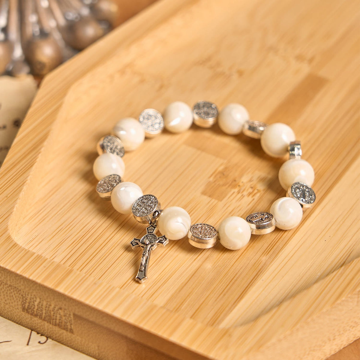 White Beads Crucifix Bracelet