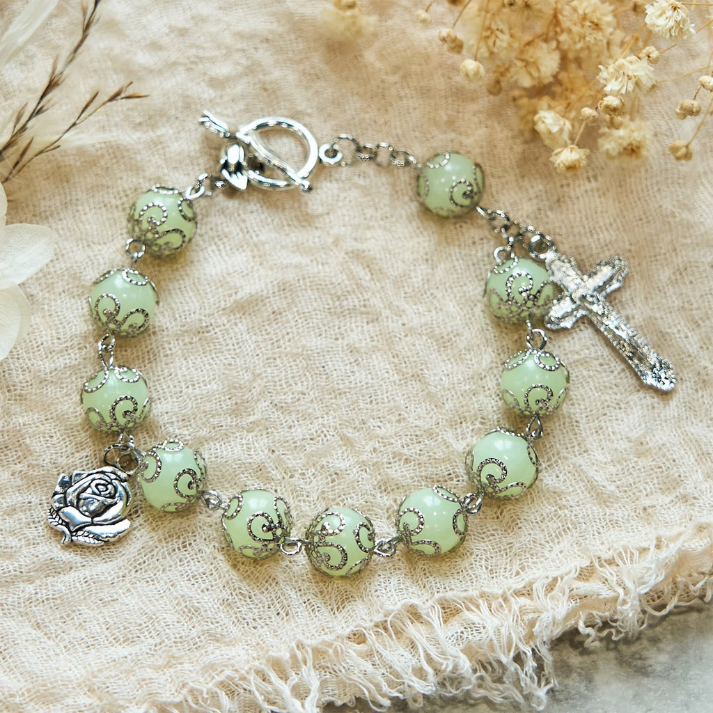 Green Beads Crucifix Rose Luminous Bracelet