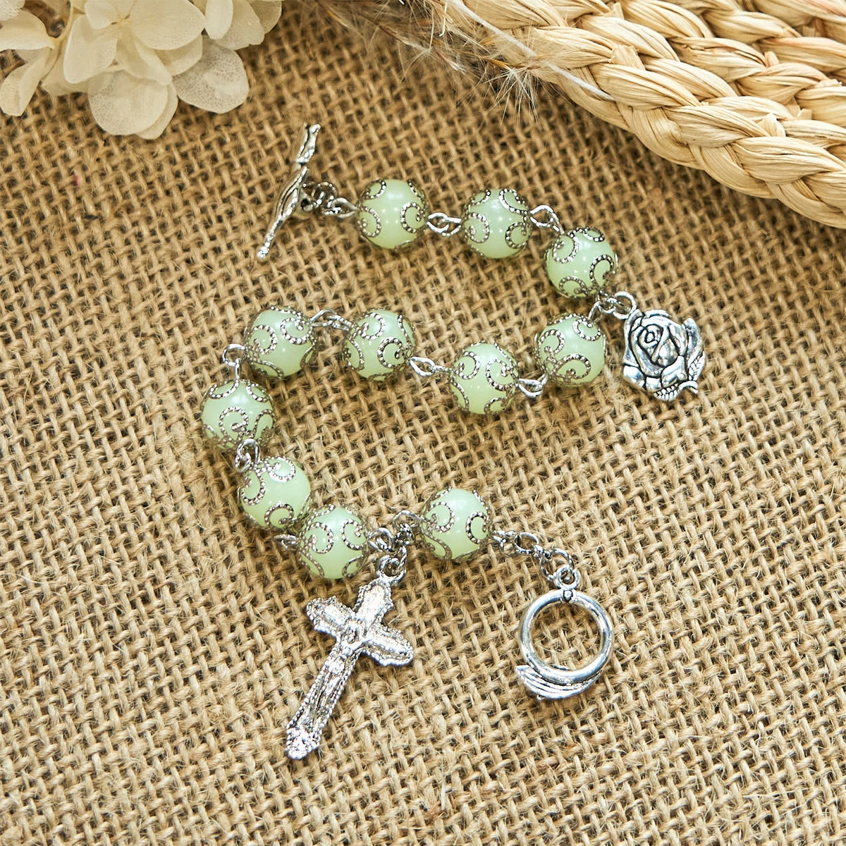 Green Beads Crucifix Rose Luminous Bracelet