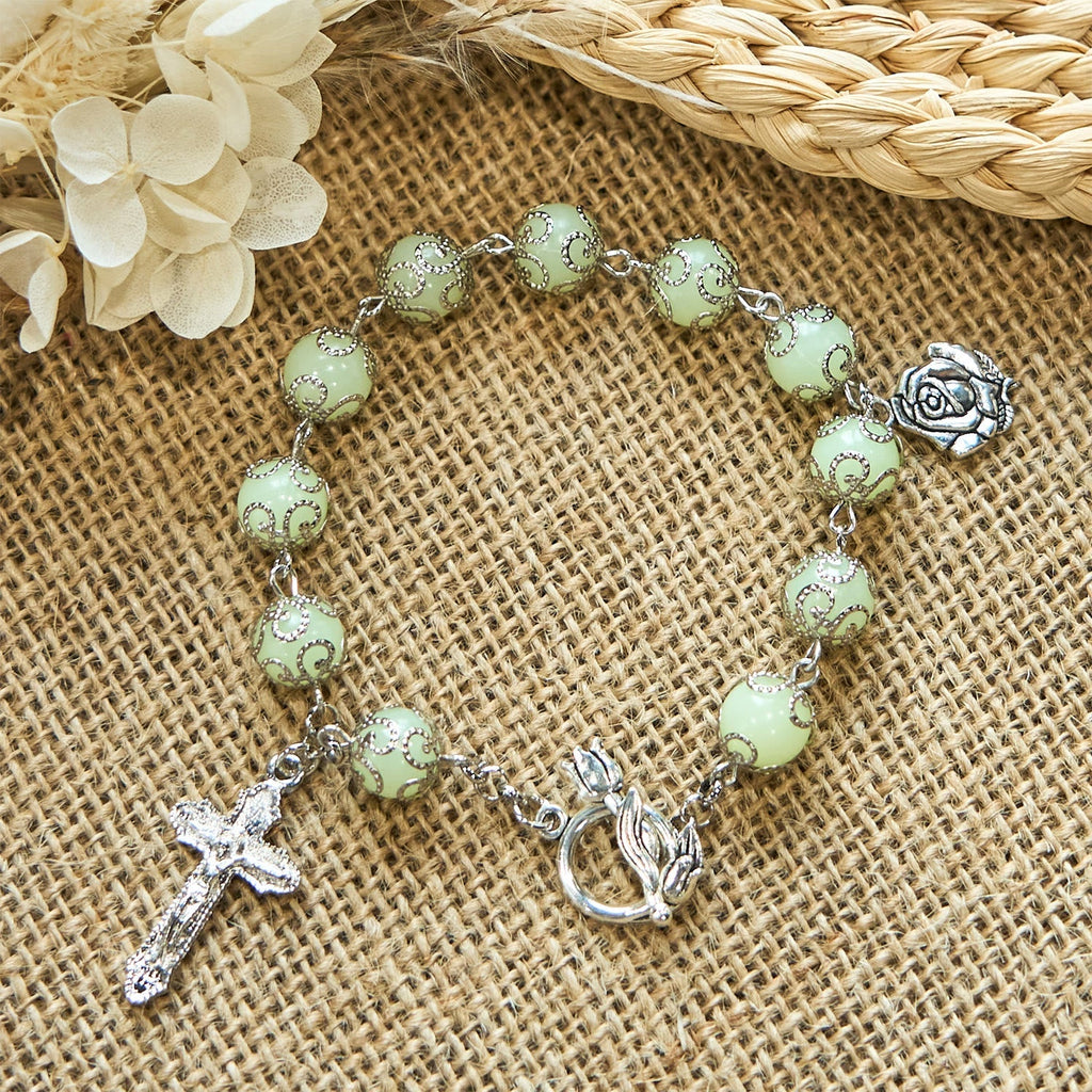 Green Beads Crucifix Rose Luminous Bracelet