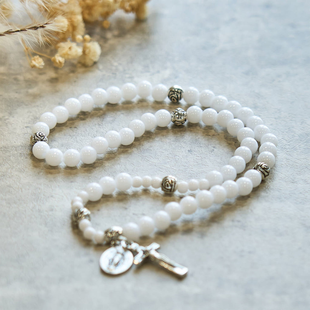 6mm White Bead Miraculous Medal & Crucifix Rosary Bracelet