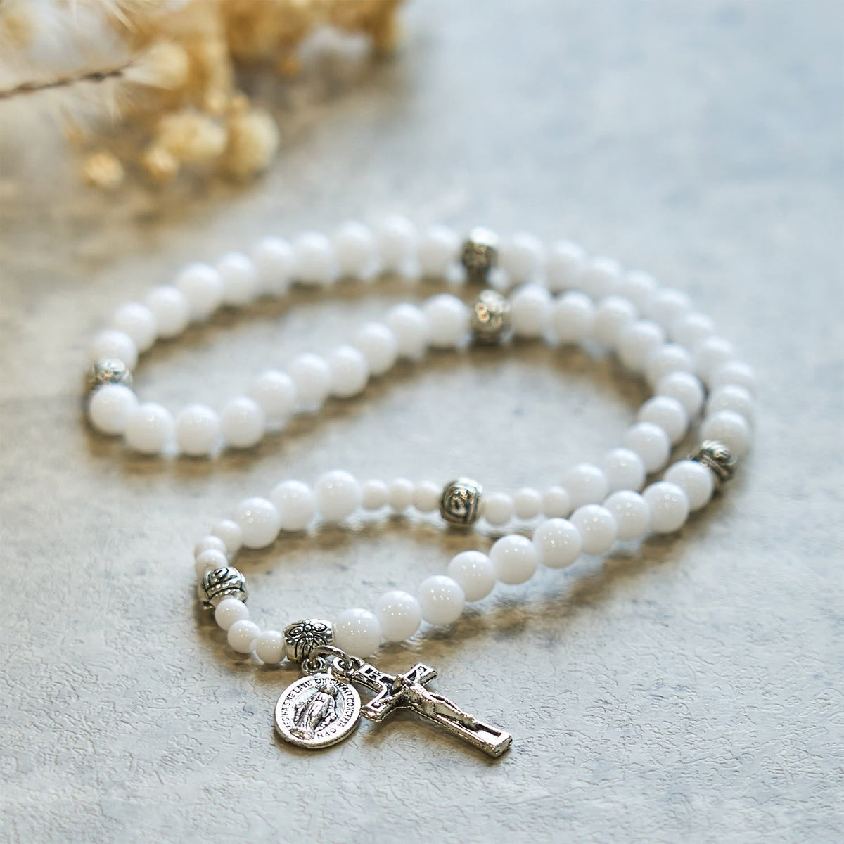6mm White Bead Miraculous Medal & Crucifix Rosary Bracelet