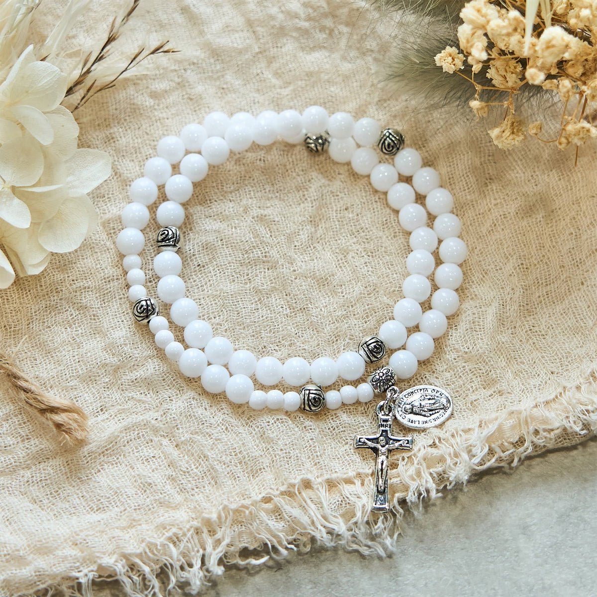 6mm White Bead Miraculous Medal & Crucifix Rosary Bracelet