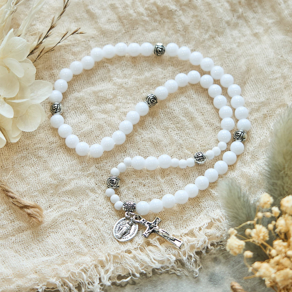 6mm White Bead Miraculous Medal & Crucifix Rosary Bracelet