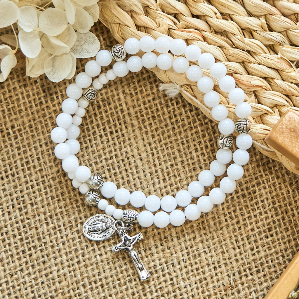 6mm White Bead Miraculous Medal & Crucifix Rosary Bracelet