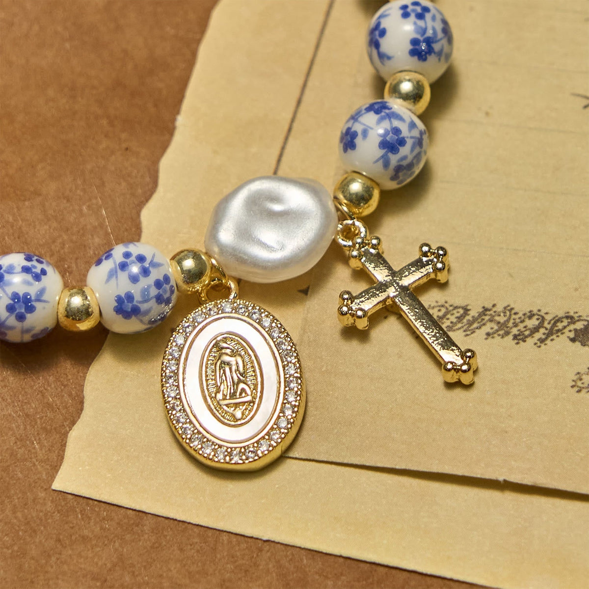 Our Lady Medal & Cross Floral-Inspired Bracelet
