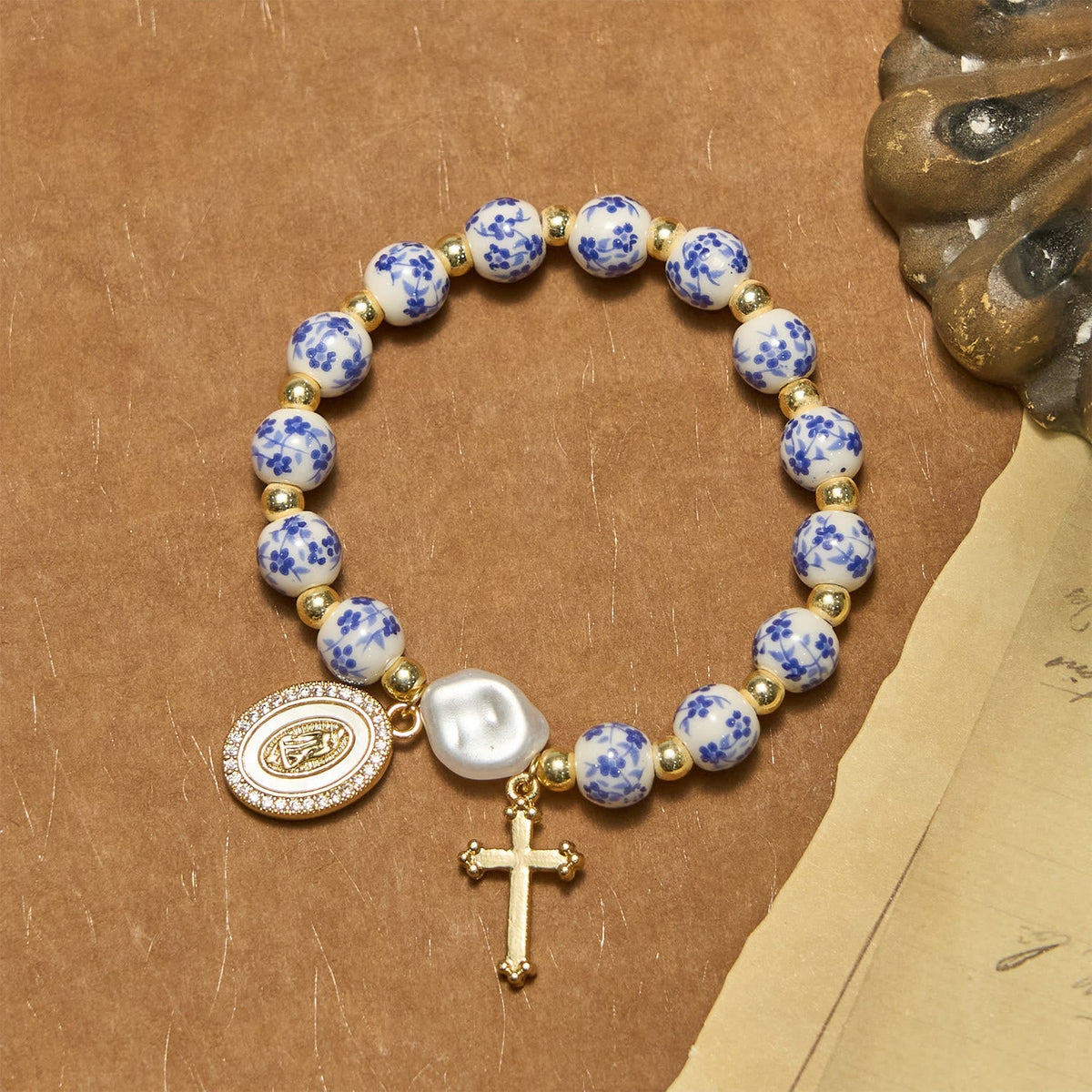 Our Lady Medal & Cross Floral-Inspired Bracelet