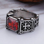 Red & Black Gemstone Cross-Embellished Couple Ring