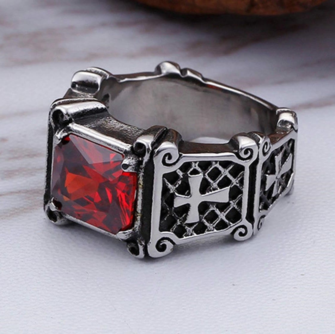 Red & Black Gemstone Cross-Embellished Couple Ring