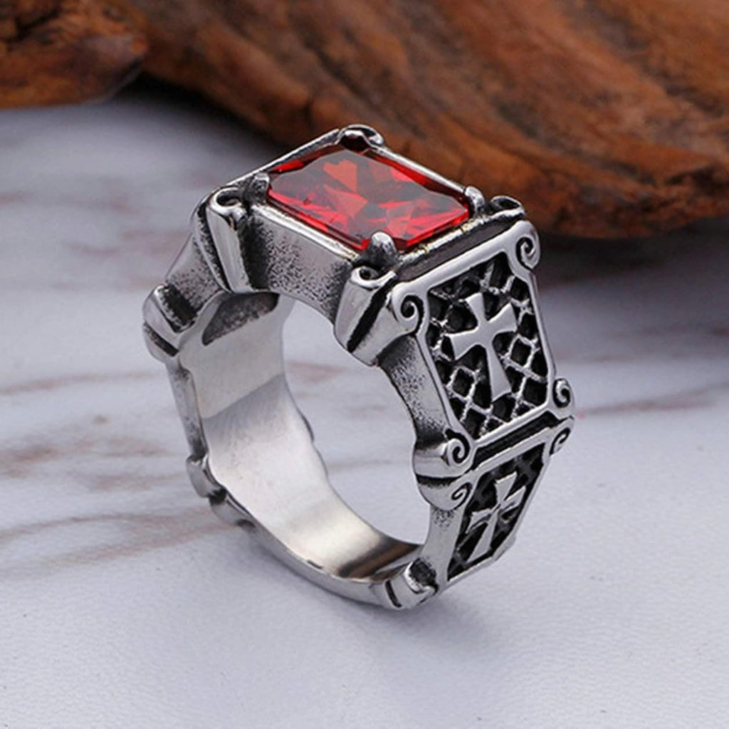 Red & Black Gemstone Cross-Embellished Couple Ring
