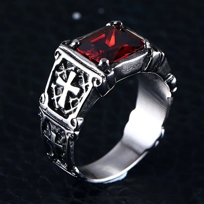 Red & Black Gemstone Cross-Embellished Couple Ring