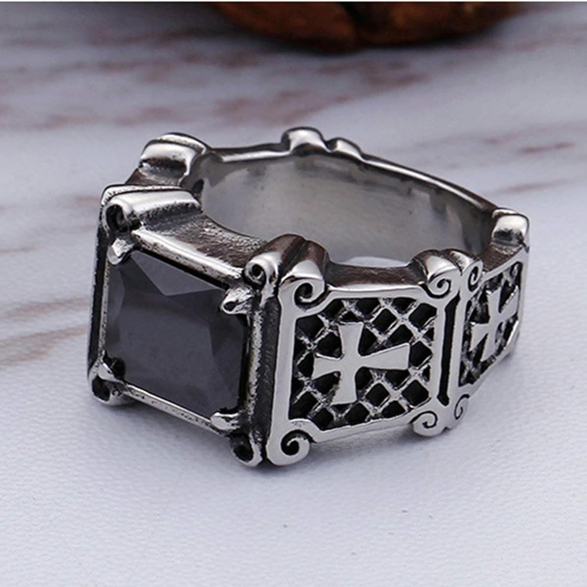 Red & Black Gemstone Cross-Embellished Couple Ring