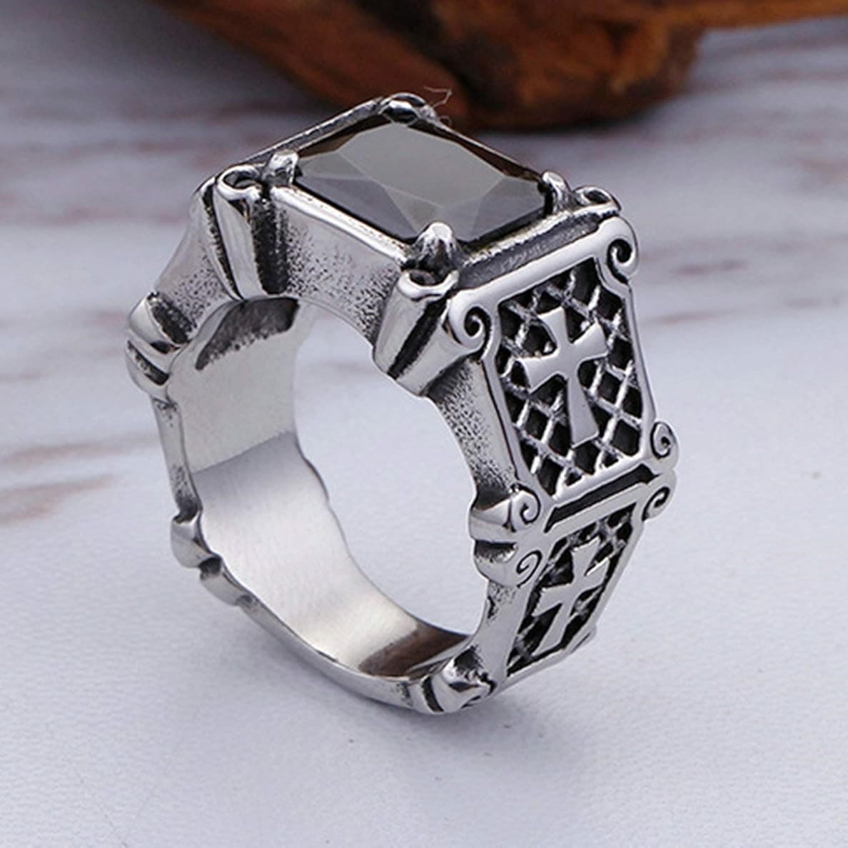 Red & Black Gemstone Cross-Embellished Couple Ring