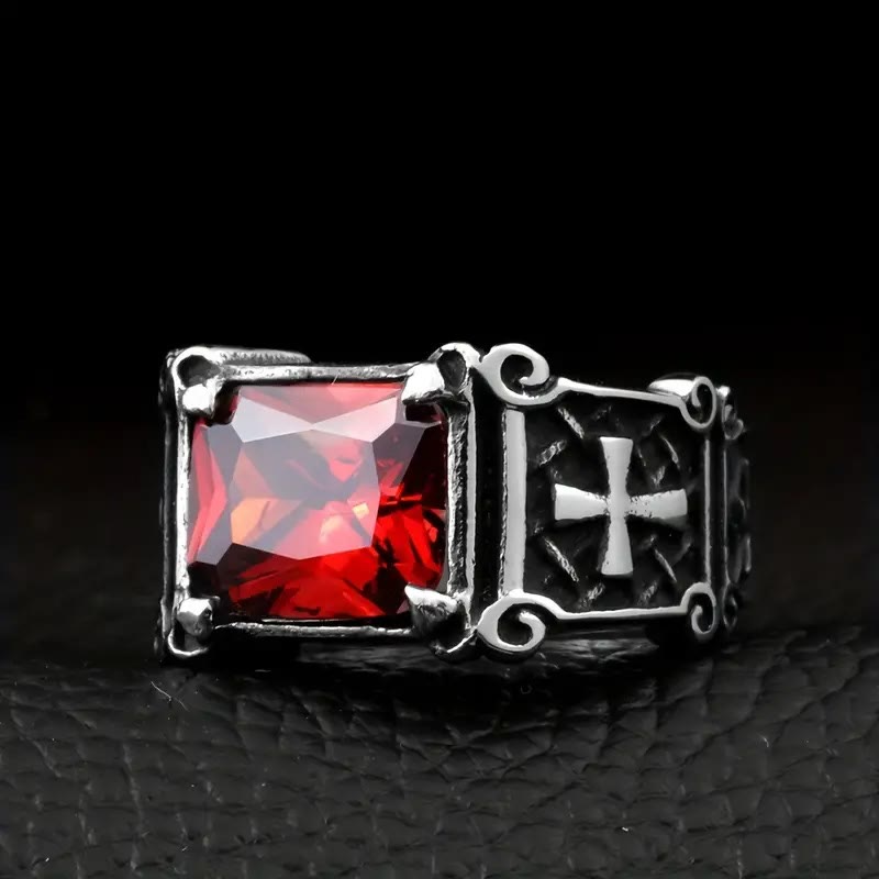 Red & Black Gemstone Cross-Embellished Couple Ring