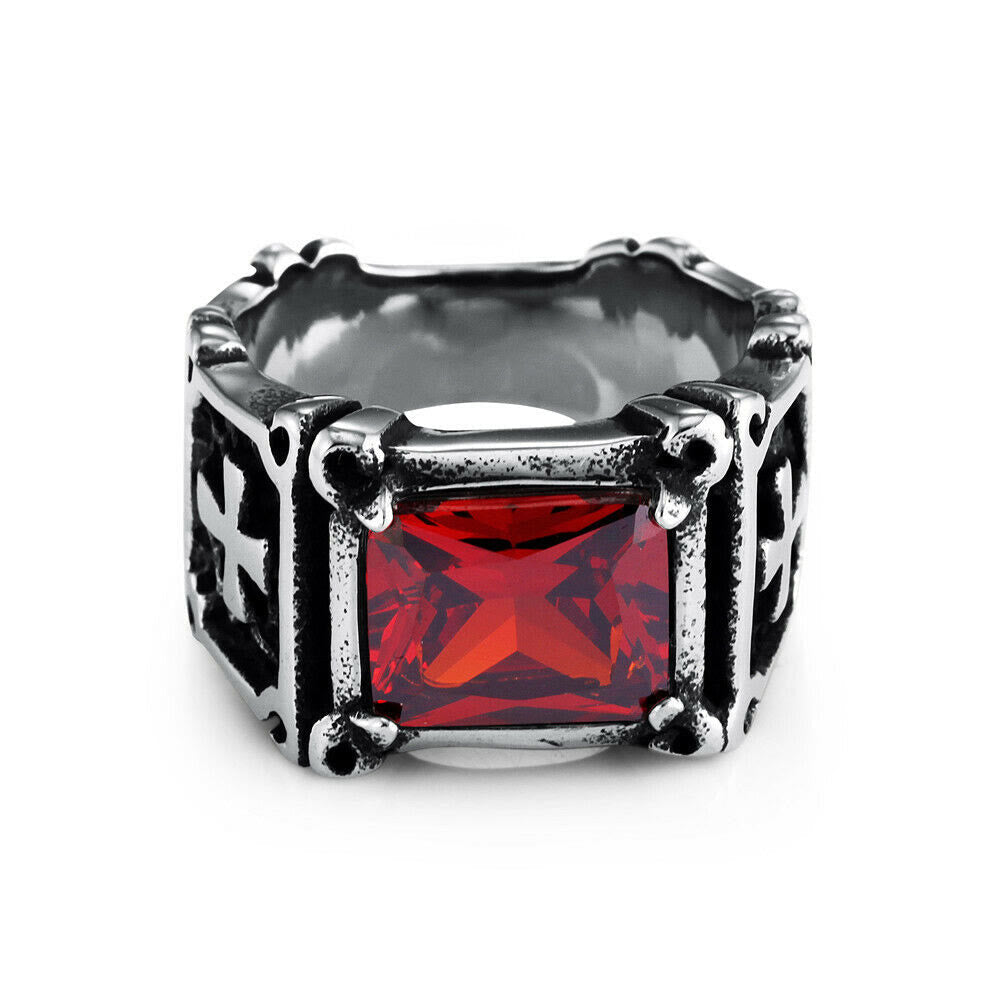 Red & Black Gemstone Cross-Embellished Couple Ring