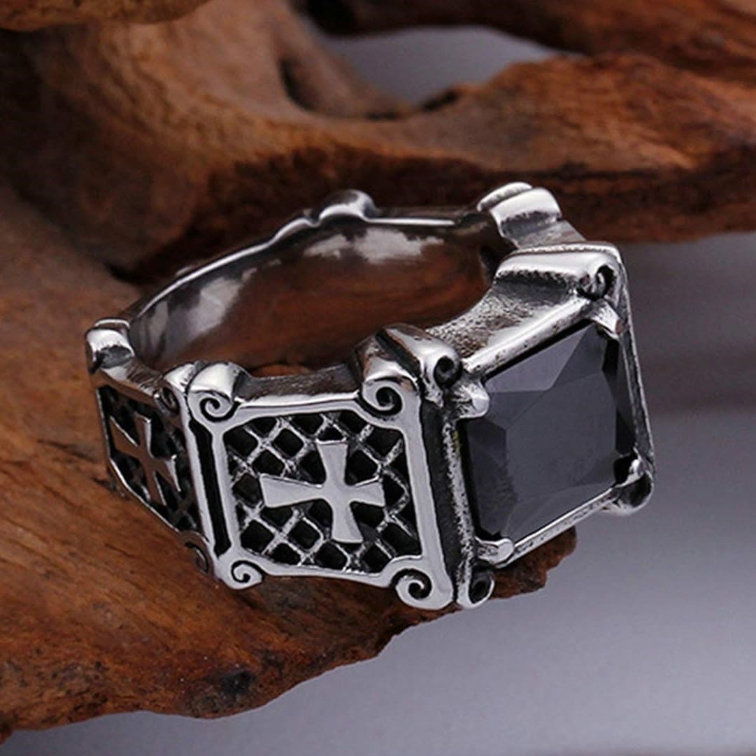 Red & Black Gemstone Cross-Embellished Couple Ring