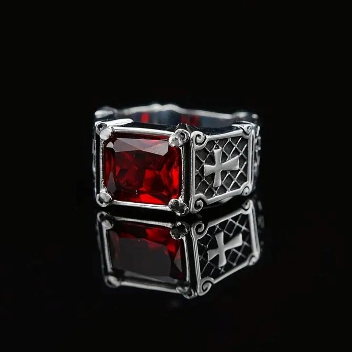 Red & Black Gemstone Cross-Embellished Couple Ring