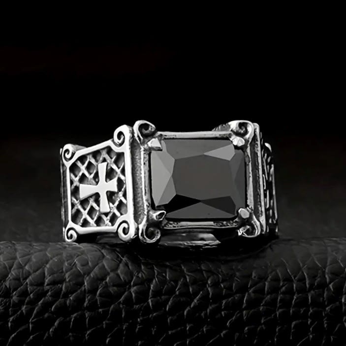 Red & Black Gemstone Cross-Embellished Couple Ring