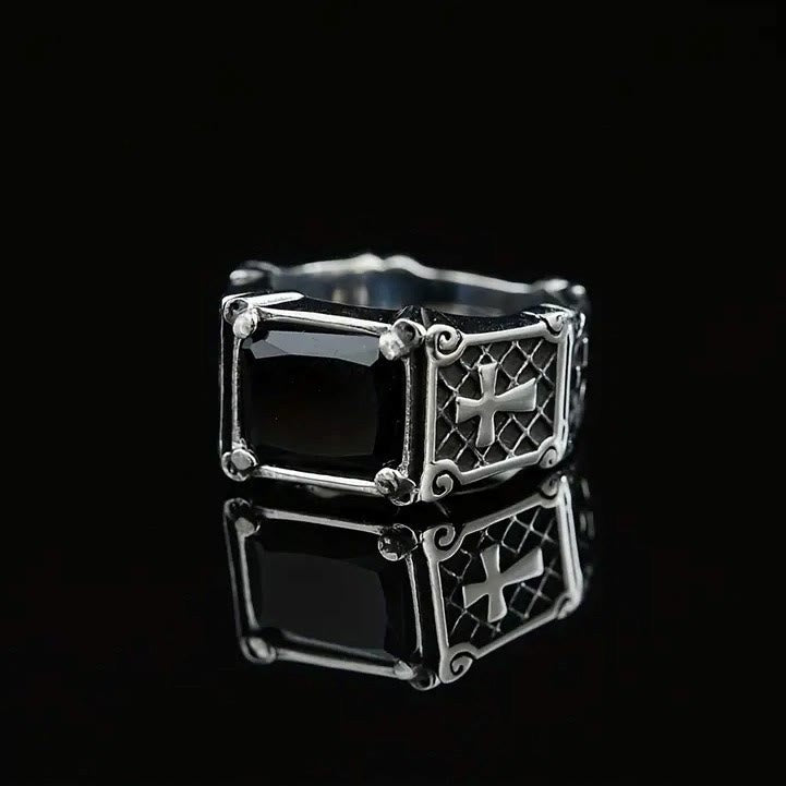 Red & Black Gemstone Cross-Embellished Couple Ring