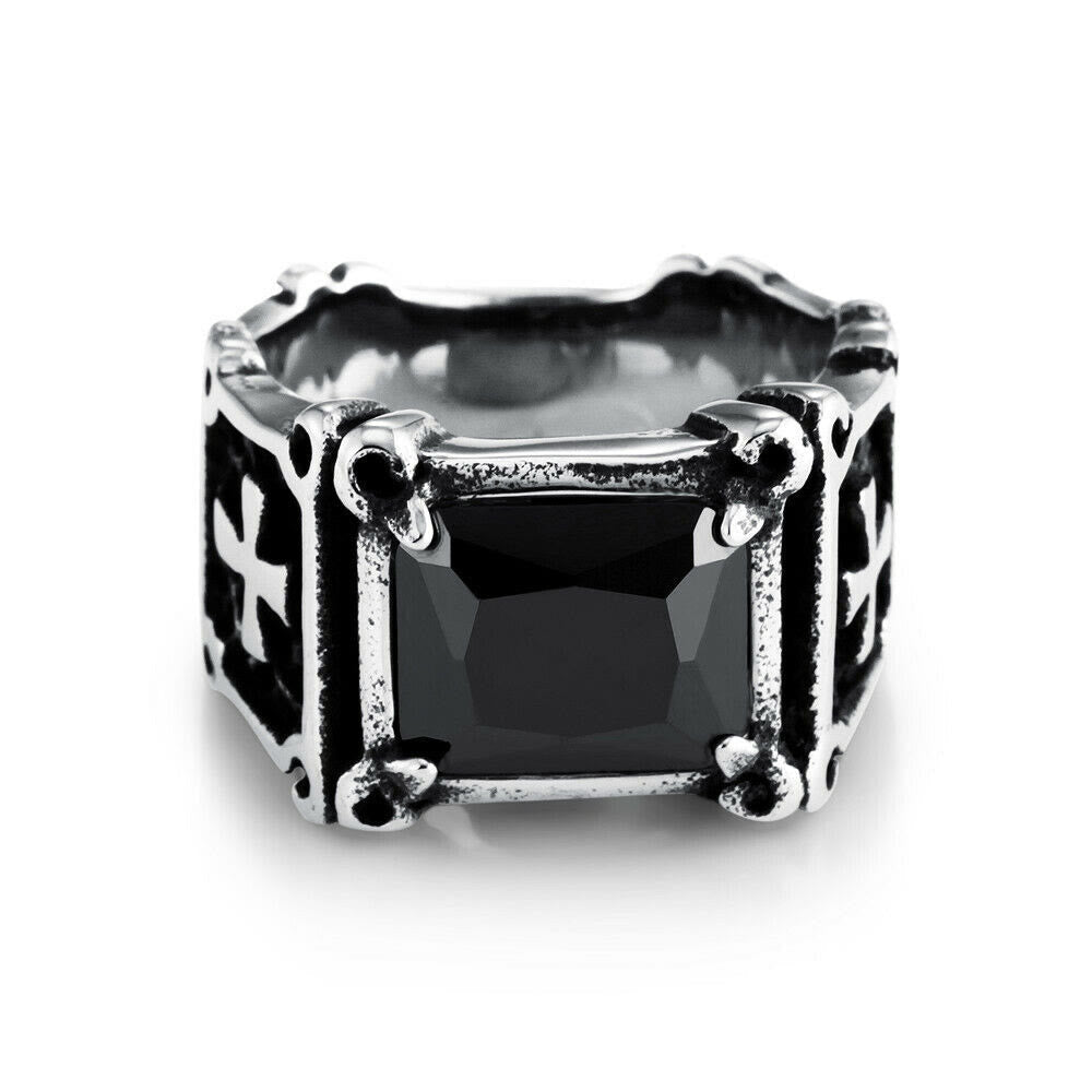 Red & Black Gemstone Cross-Embellished Couple Ring