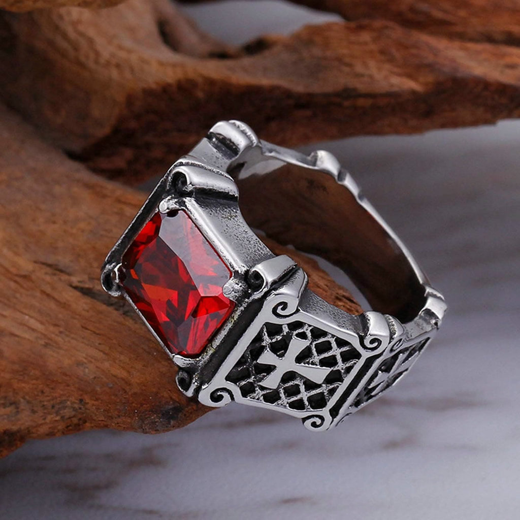 Red & Black Gemstone Cross-Embellished Couple Ring