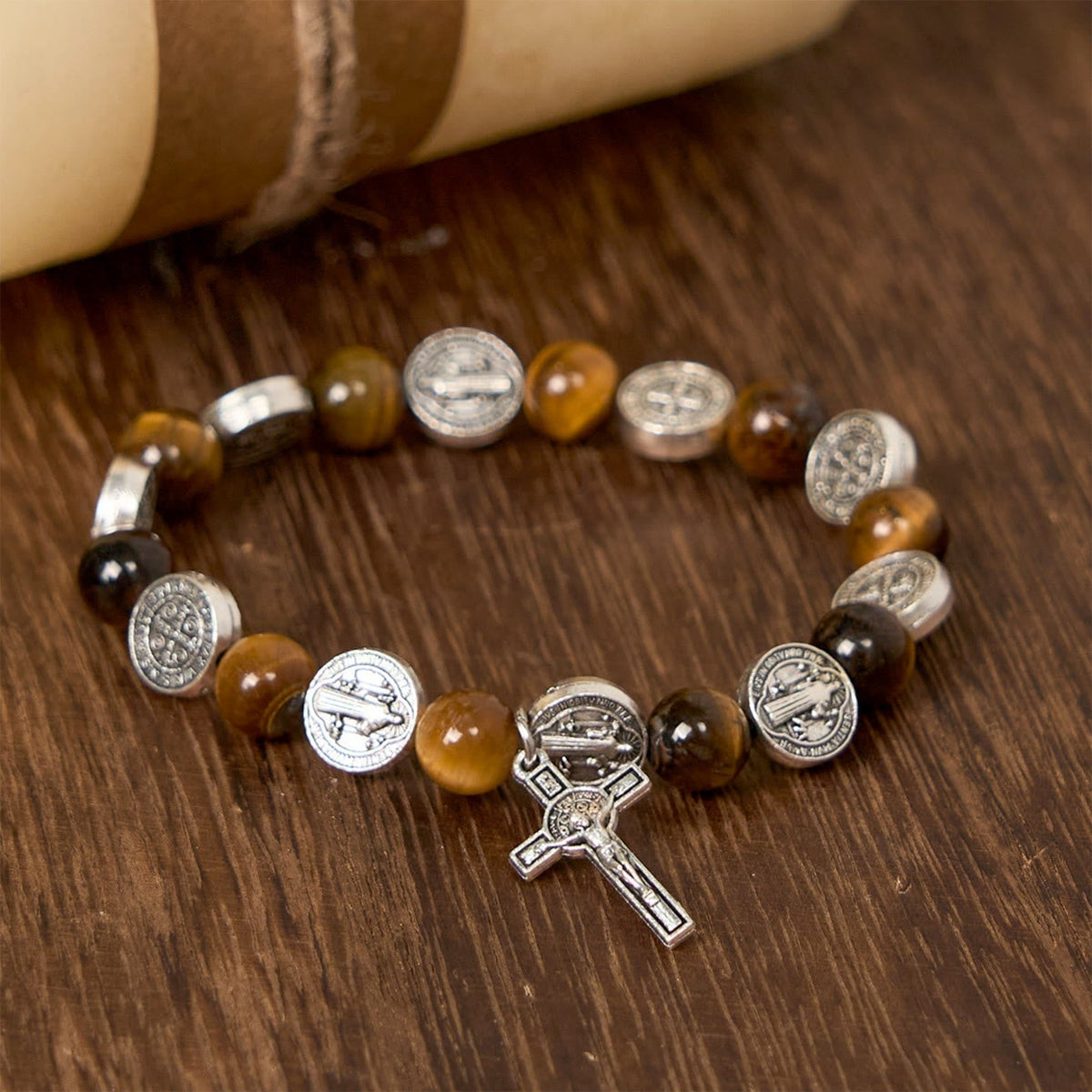 St. Benedict Symbol Tiger's Eye Bracelet
