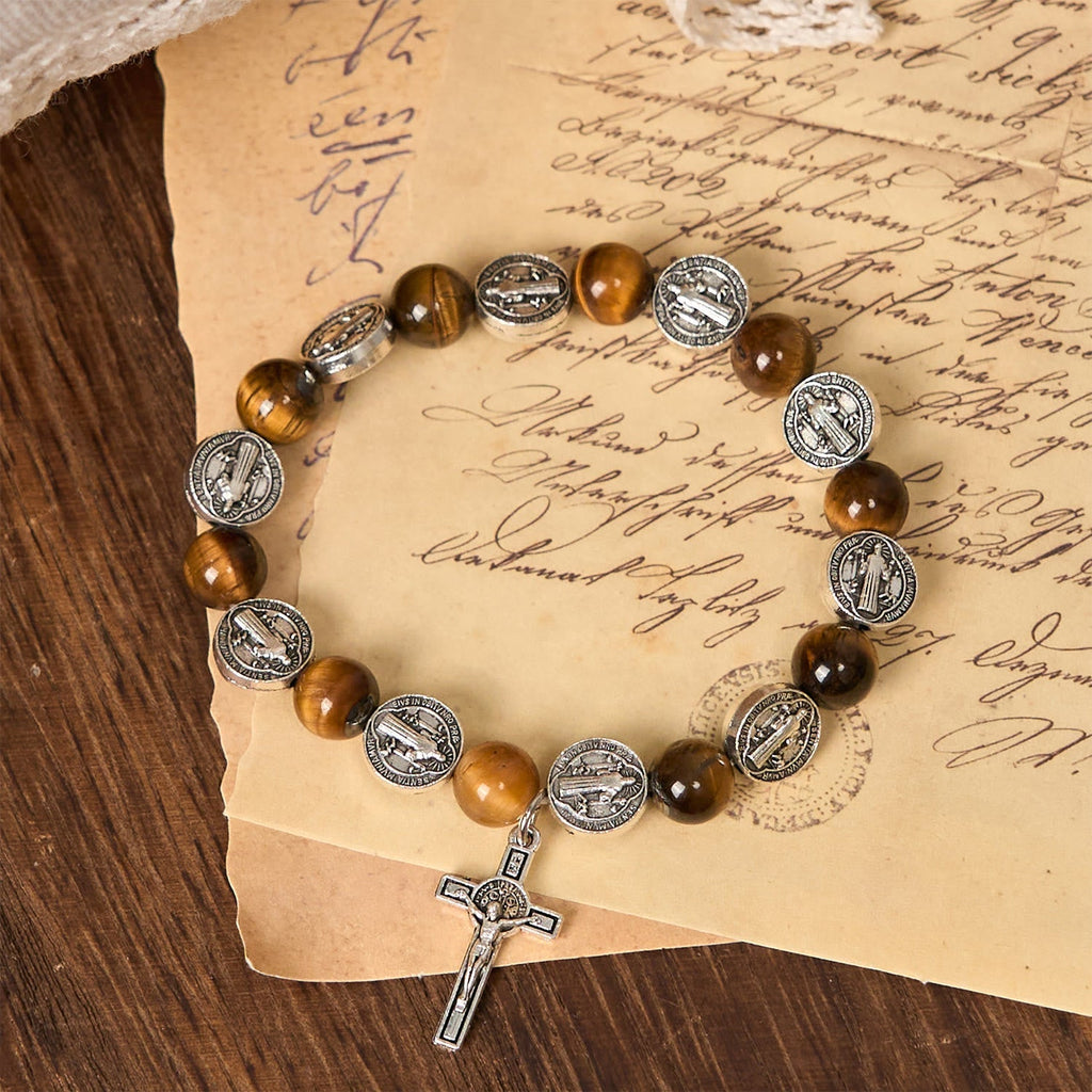 St. Benedict Symbol Tiger's Eye Bracelet