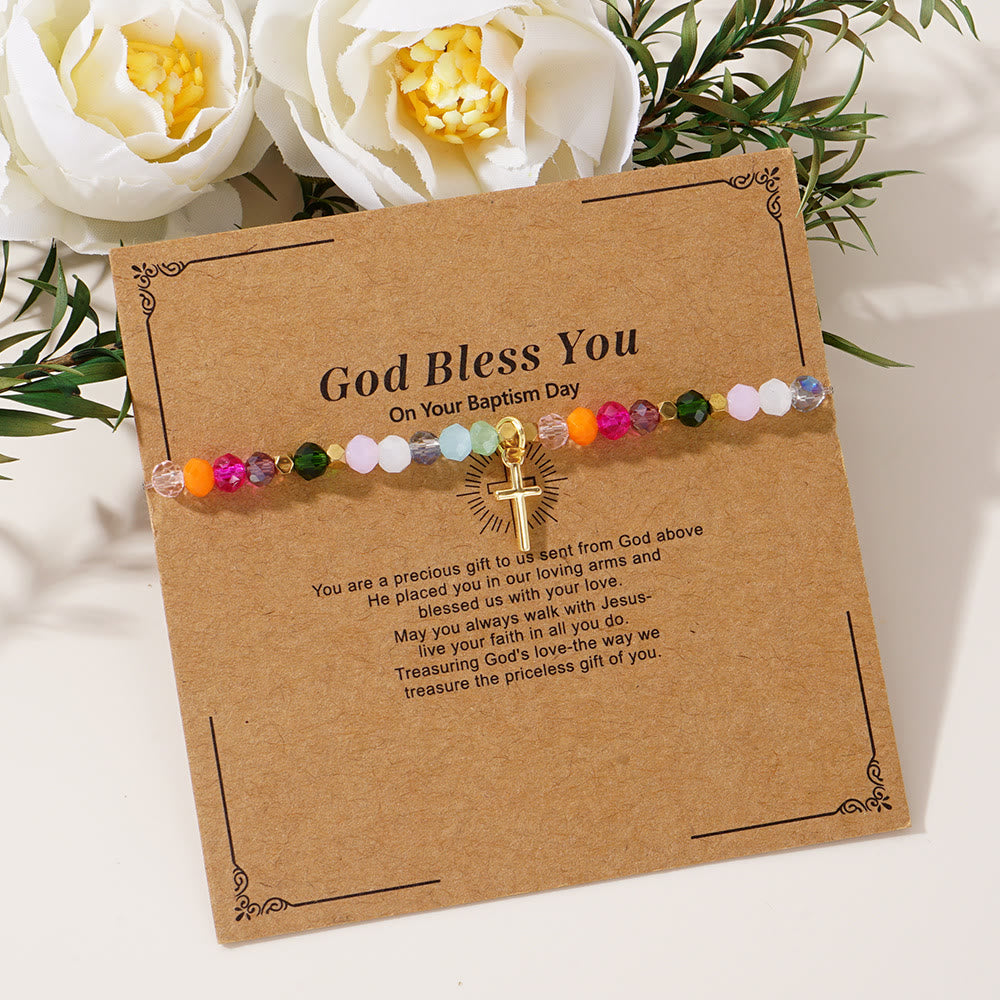 Multicolored Crystal Cross Bracelet with Blessed Card