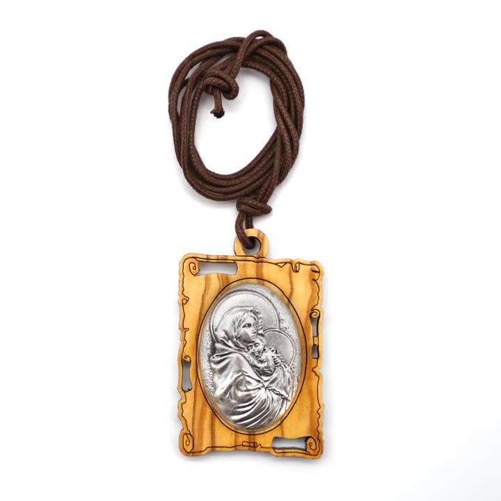 Olive Wood & Metal Virgin Mary Pendant Necklace