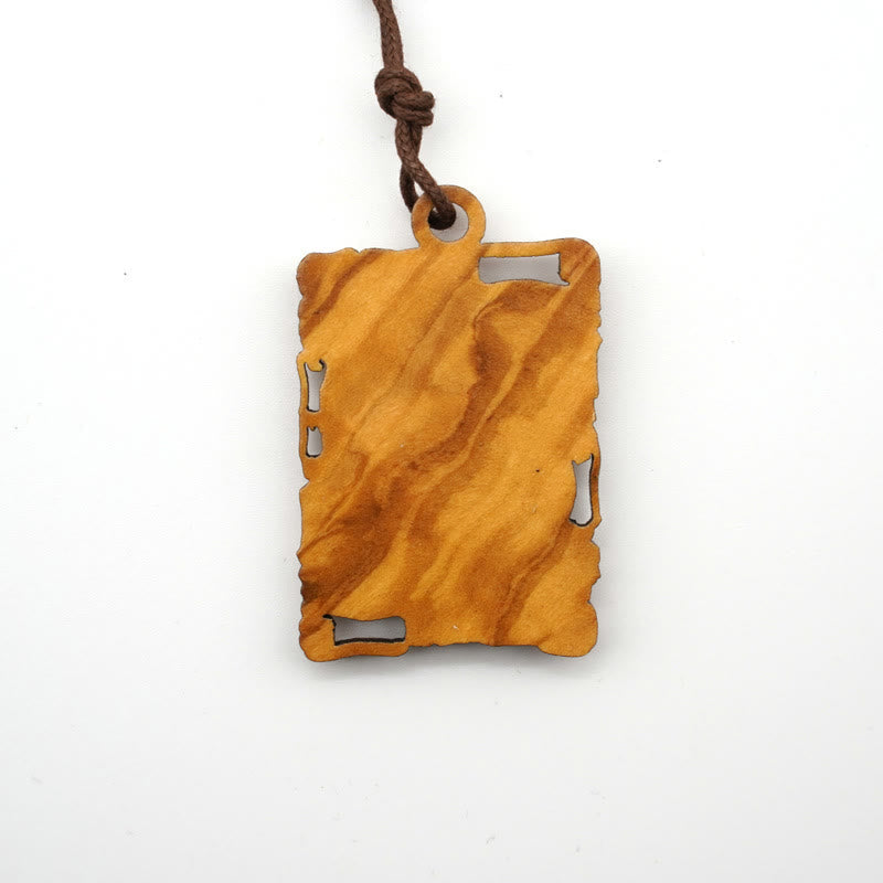 Olive Wood & Metal Virgin Mary Pendant Necklace