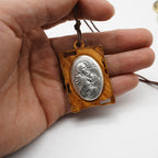 Olive Wood & Metal Virgin Mary Pendant Necklace