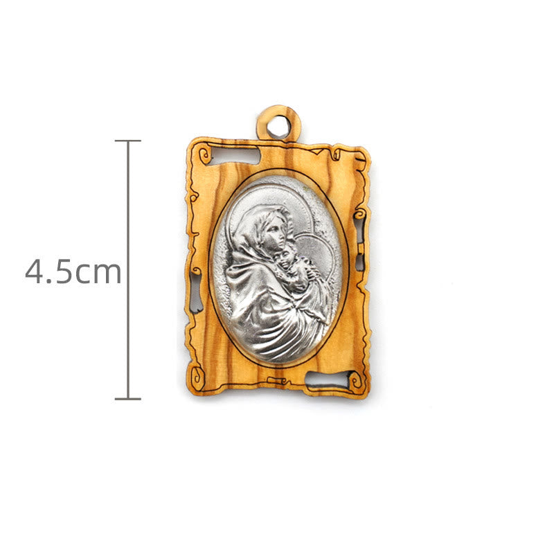 Olive Wood & Metal Virgin Mary Pendant Necklace