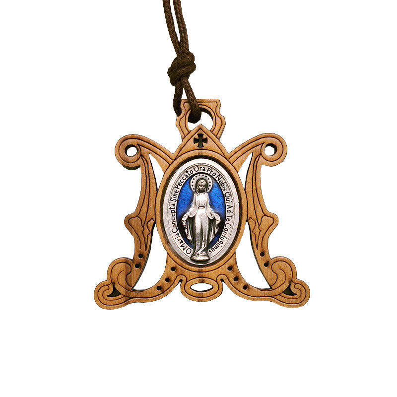 Vintage Olive Wood Miraculous Medal Necklace