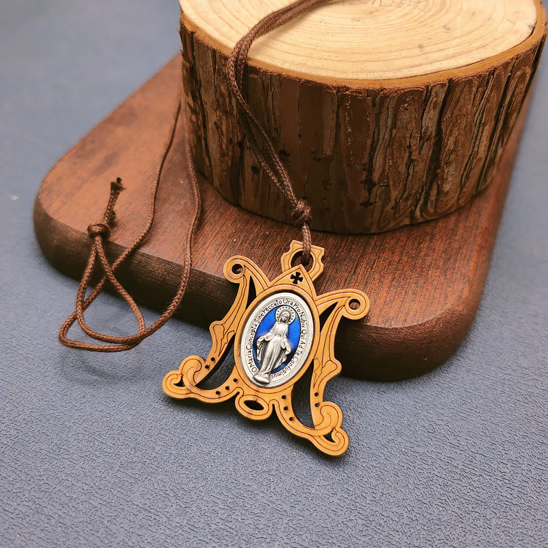 Vintage Olive Wood Miraculous Medal Necklace