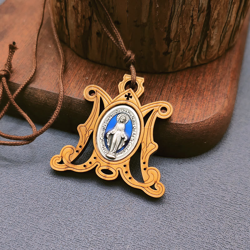Vintage Olive Wood Miraculous Medal Necklace